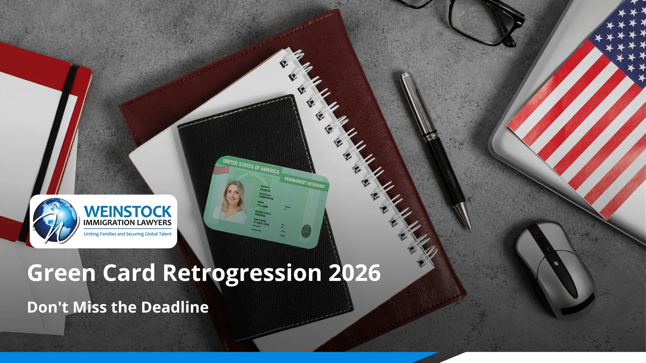 Green card retrogression 2026 — US permanent resident card on notebook with American flag