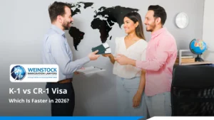 Couple receiving passports from an immigration attorney while comparing K-1 vs CR-1 visa options