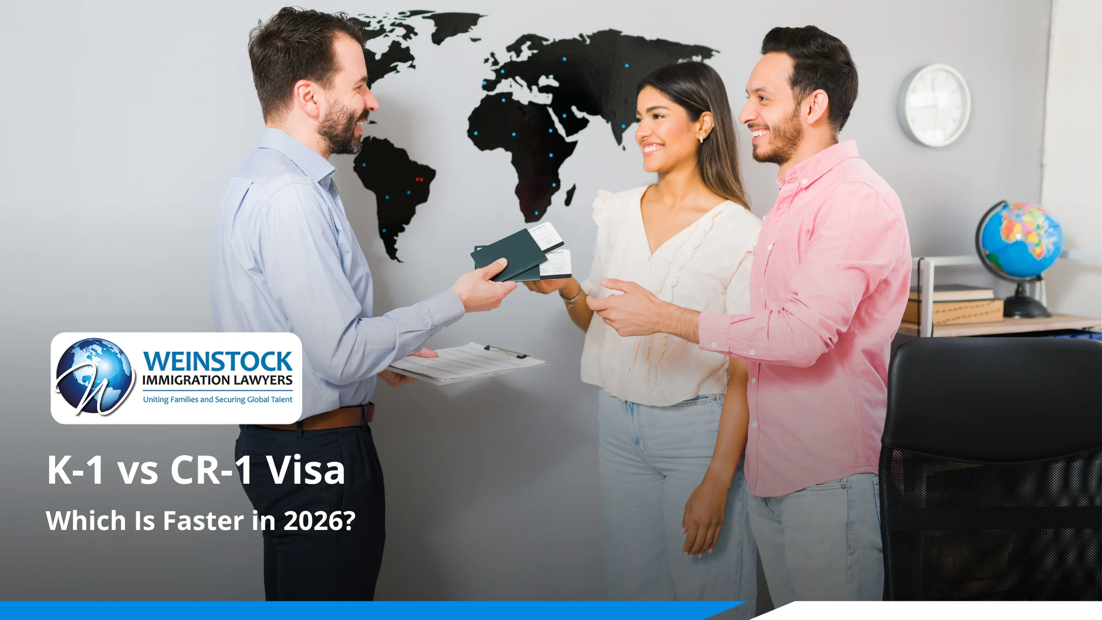 Couple receiving passports from an immigration attorney while comparing K-1 vs CR-1 visa options