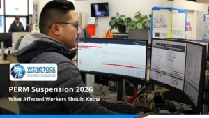 Tech worker at a desk with two monitors, with the title PERM Suspension 2026: What Affected Workers Should Know