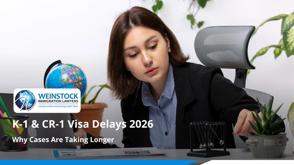 K-1 and CR-1 visa delays 2026 — applicant reviewing immigration paperwork at her desk